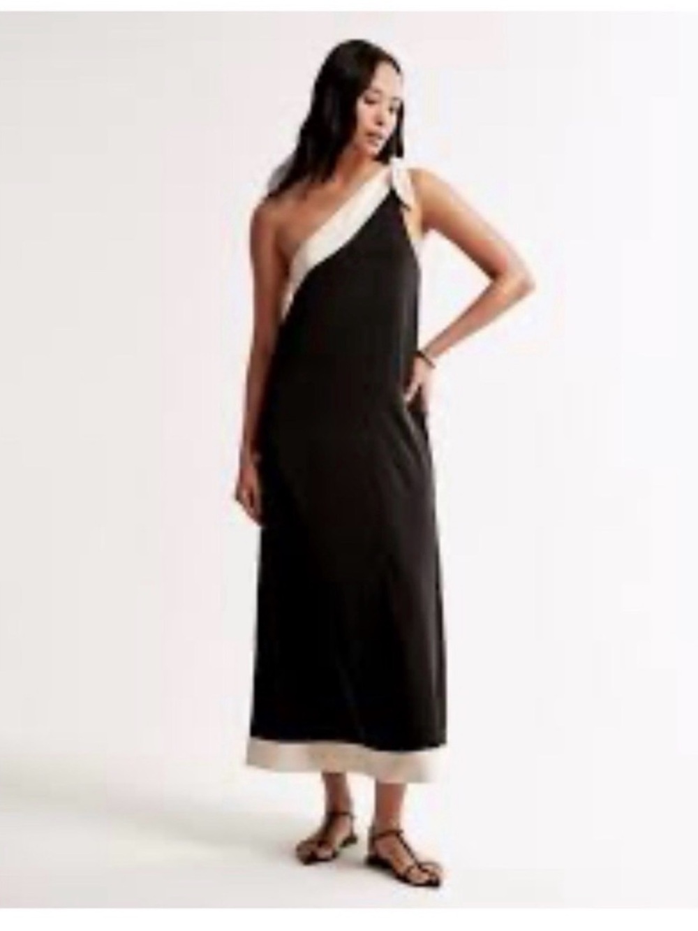 Abercrombie & Fitch Black One-Shoulder Maxi Dress with Cream Trim